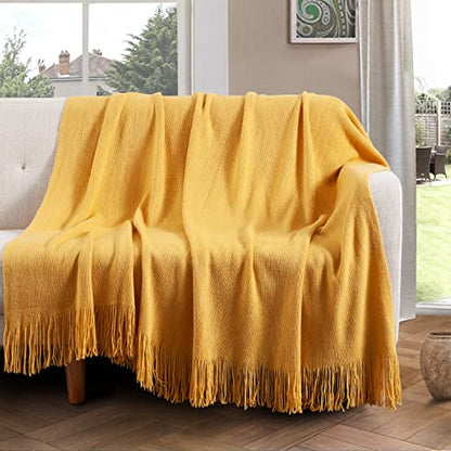 Vonty Mustard Yellow Knitted Throw Blanket with Tassels, 50x60 Acrylic - color: Yellow, size: 50" x 60"