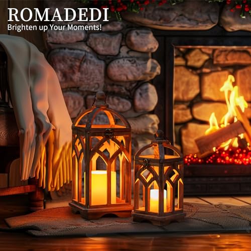Romadedi Farmhouse Wood Candle Lantern Decorative 12"/16", Set of 2, Brown - color: Brown