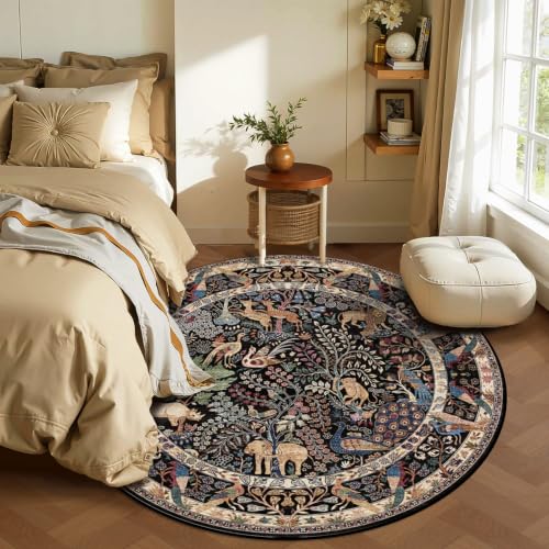 6ft Round Rug Circular Animal Print Area Rug Low Pile Indoor Rug - color: Black/Multi, size: 6' (Round)