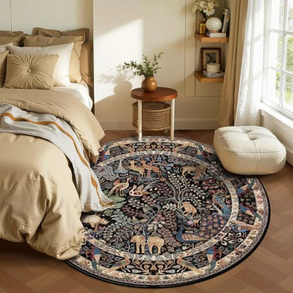 6ft Round Rug Circular Animal Print Area Rug Low Pile Indoor Rug - color: Black/Multi, size: 6' (Round)