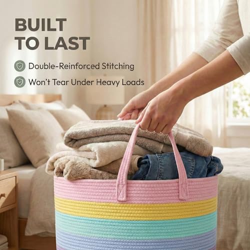 JMvicyroam 65L Extra Large Machine Washable Cotton Rope Blanket Basket - color: Rainbow, size: 65L