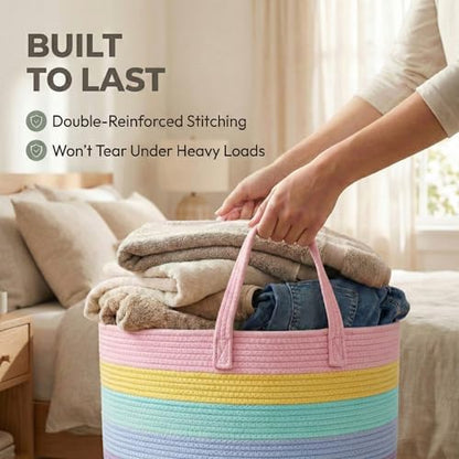 JMvicyroam 65L Extra Large Machine Washable Cotton Rope Blanket Basket - color: Rainbow, size: 65L