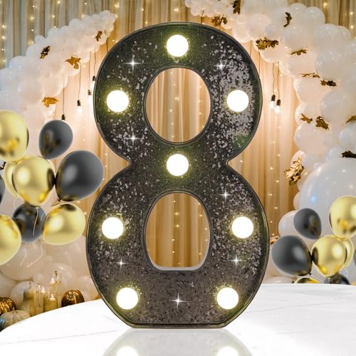 Black Glitter LED Marquee Number 8, Warm White Light Decor Sign - size: Number-8