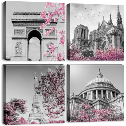 Black and White Eiffel Tower Wall Art Pink Paris Wall Decor Spring Flower Pictures Europe City Landscape Painting Poster Notre Dame Cathedral Canvas Prints for Living Room Home Decorations 12x12" 4Pcs - color: European, size: 12 x 12 in