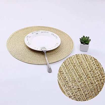 SHACOS Glitter Gold Round Braided Placemats Set of 8 Sparkle Washable 15 inch Round Table Mats Woven Place Mats for Christmas Party Dining Table (Gold, 8) - color: Gold, size: Set of 8