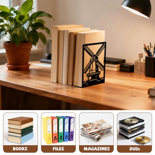 Peacoblue 5.3"x4.3"x7.9" Metal Bookends, Heavy Duty Book Ends for Shelves - style: Dutch Windmill and Fence