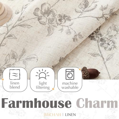 jinchan Grey Floral Kitchen Tier Curtains Alisa 36 Inches Tie Top 2 Panles - color: Alisa Grey on Linen, size: 26"W x 36"L (Pack of 2)