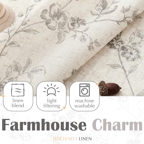 jinchan Grey Floral Kitchen Tier Curtains Alisa 36 Inches Tie Top 2 Panles - color: Alisa Grey on Linen, size: 26"W x 36"L (Pack of 2)
