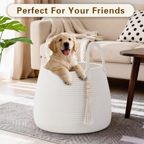 Large Nursery Hamper, 30L Blanket Basket with Handle, Baby Laundry Basket for Gift, Toy, Clothes, Woven Storage Basket with Wooden Bead Decor, Baby Hamper for Nursery (Black&Brown) - color: White, size: 30L