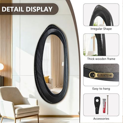 POZINO 55"x24" Large Irregular Wall Mirror, Black Asymmetrical Oval Mirror - size: 55"L x 24"W
