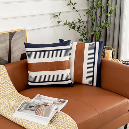 Set of 2 Decorative Faux Leather Pillow Covers 16x16 inch, Modern Boho Cushion Cover Set for Couch Living Room Bedroom Striped Accent Pillowcase Farmhouse Decor, Navy Blue - color: Navy Blue, size: 16" x 16" (Pack of 2)