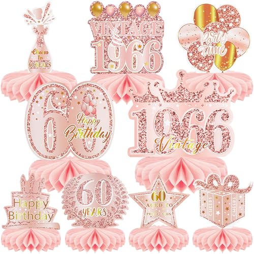 9 Pcs 60th Birthday Decoration for Women Happy 60th Birthday Table Honeycomb Decorations Rose Gold Pink Centerpieces Tables Toppers1965 Decor Cheers to 60 Years Old Birthday Party Favors - color: 60th-rose Gold Pink