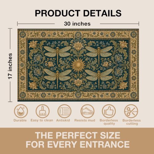 Boho Dragonfly Floral Faux Coco Coir Doormat Door Mat 17x30 - color: Boho Dragonfly