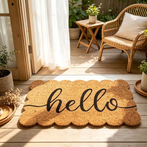 Whaline Scalloped Natural Coir Welcome Doormat, Hello, 16.5 x 29.1 Inch