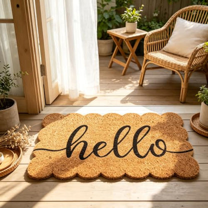 Whaline Scalloped Natural Coir Welcome Doormat, Hello, 16.5 x 29.1 Inch