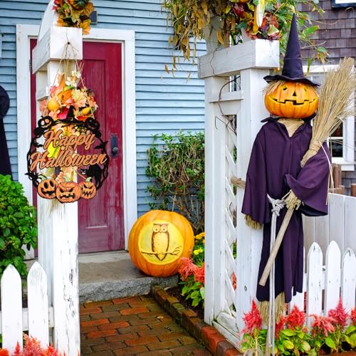 Sophena Halloween Decoration Wooden Ghost Door Halloween Wreath for Front Door Sign Wall Signs Decor, Pumpkin Black Cat Wreaths Sign Hanging for Home Wall Decor Outdoor Indoor Farmhouse Party Supply