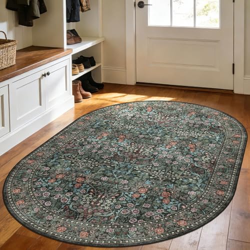 Floral 3x5 Entryway Oval Rug - Black Green Washable Bedroom Rug - color: Black / Multi, size: 3' x 5' (Oval)