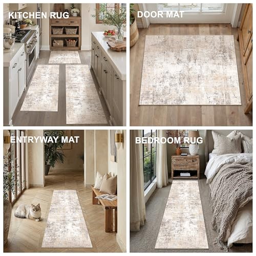 Washable Beige Grey Neutral Kitchen Runner Rug Set of 3 - color: Abstract | Beige Grey, size: 20"x32"+20"x48"+20"x59"