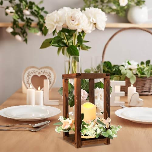 Hushee 30 Pcs Wooden Wedding Lantern Centerpiece Candles Wreaths Set,Brown - color: Brown