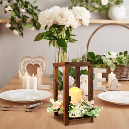 Hushee 30 Pcs Wooden Wedding Lantern Centerpiece Candles Wreaths Set,Brown - color: Brown
