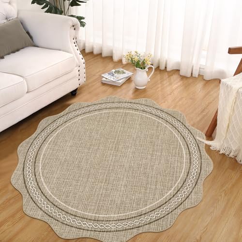 GarveeHome Scalloped Round Rug 6Ft Washable Rug for Playroom Non-Slip, Jute - color: Jute Color, size: 6' (Round)