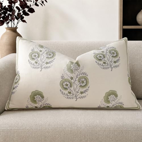 Vintage Floral 12x20 Lumbar Pillow Cover Pack of 1, Double-Sided Botanical Print Decorative Throw Pillow Cover Farmhouse Neutral Cushion Cover for Sofa Couch Living Bed Room, Sage Green(Cover Only) - color: Sage Green, size: 20" x 12" (Pack of 1)