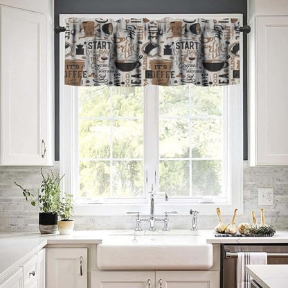 Coffee Valance Curtains, Fun Running Cup Coffee Beans Beige Retro Window Treatment Valance for Kitchen Dinning Room Living Room Cafe, 54x18 Inch - color: Coffee-1, size: 53"W x 18"L (Pack of 1)