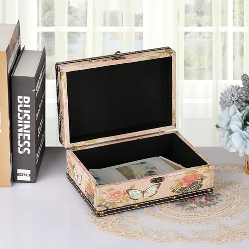 ELLDOO Butterfly Treasure Chest Box, Wooden + PU Leather Storage Decorative Box for Jewelry Trinkets Photos, Rectangular Keepsakes Box for Girls Women Gifts