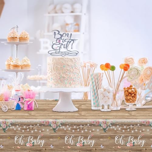 Tevxj 3 Pieces Wood Baby Shower Tablecloth Oh Baby Lace Rustic Floral Party Plastic Table Covers for Girl and Boy Floral Theme Party Decorations Supplies 54X108inch - style: Oh Baby
