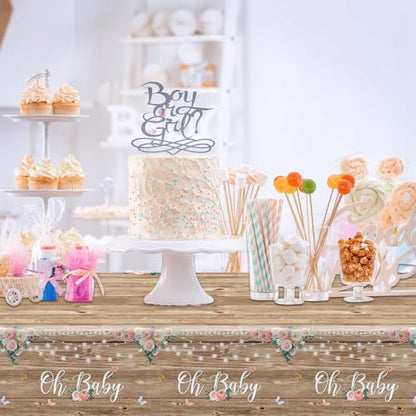Tevxj 3 Pieces Wood Baby Shower Tablecloth Oh Baby Lace Rustic Floral Party Plastic Table Covers for Girl and Boy Floral Theme Party Decorations Supplies 54X108inch - style: Oh Baby