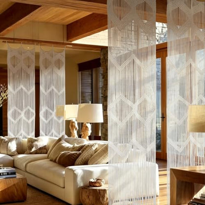 Flber 2Pcs Boho Beige Macrame Curtains Sheer Window Decor 23.6" W*98" L - color: Beige1*2