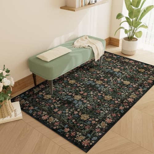 DUKINO 3x5 Rug, Washable Vintage Floral Bedroom Area Rug Non Slip, Black - color: Black, size: 3' x 5' (Rectangular)
