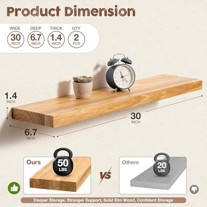 fuqing Floating Shelves for Wall, 30 Inch Rustic Solid Elm Wood Shelves - color: Natural Elm Flat Edge - 6.7"d, size: 30"L - 2Packs