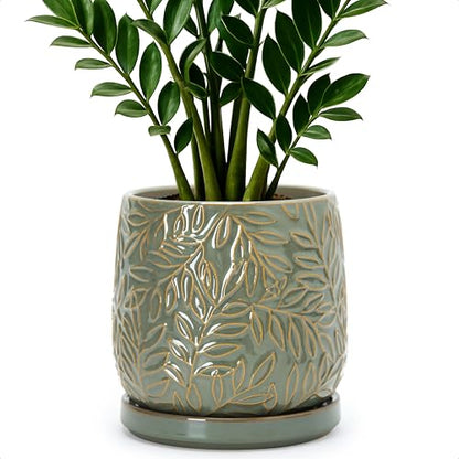 D'vine Dev Embossed Leaves Ceramic Planter, 6 in, Olive, 27-A-X-0 - color: Olive, size: 6 Inch