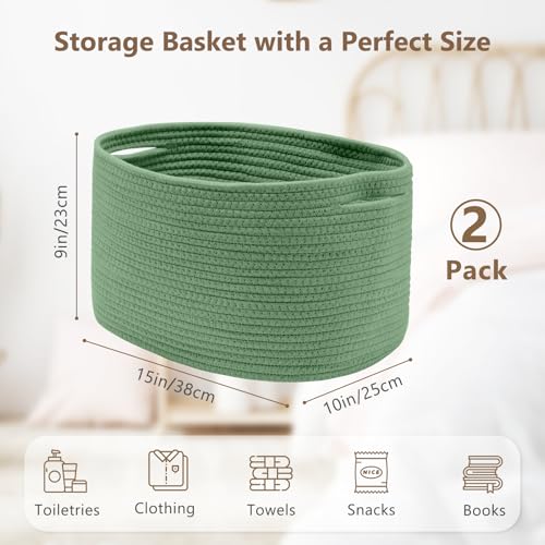 ECDYQXVU 15x10x9 Inch Woven Cotton Rope Storage Basket, 2 Pack - color: Green, size: 2 Pack