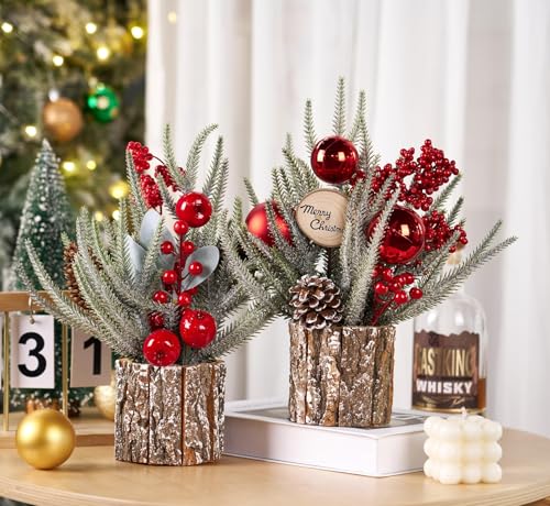 13.8" Small Christmas Tree Tabletop Christmas Centerpieces with Xmas Ornaments Pinecone Berry for Table Desk Christmas Decorations Winter Holiday Decor Indoor