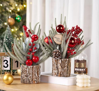13.8" Small Christmas Tree Tabletop Christmas Centerpieces with Xmas Ornaments Pinecone Berry for Table Desk Christmas Decorations Winter Holiday Decor Indoor