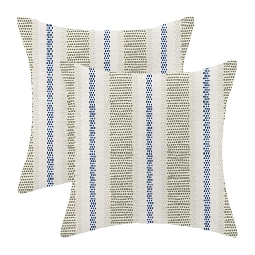 AEIOAE Sage Green Navy Blue Outdoor Pillow Covers 16 x 16 Inch, Beige Polka Dots Stripe Decor Throw Pillows for Couch Bed, Boho Modern Farmhouse Decorative Pillowcase Linen Cushion Cover Set of 2 - color: Sage Green Blue, size: 16" x 16" (Pack of 2)