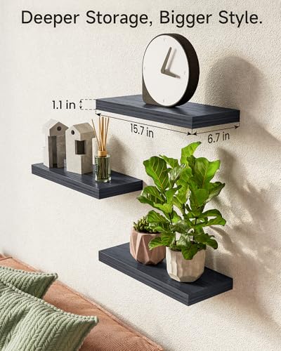 BAYKA Black Floating Shelves 15.7in, Set of 3, Wall Mount Rustic Wood Shelf - color: A. Black - Universal Classic Style, size: 15.7inches