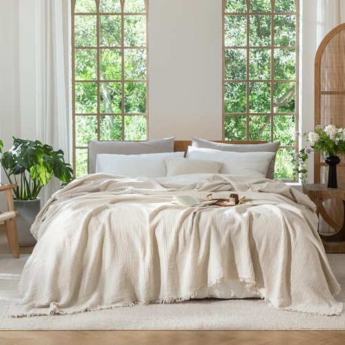 MooMee 100% Cotton Muslin Blanket, Fringed 4-Layer Gauze Bed Throw Blankets - color: Beige, size: Oversize Queen