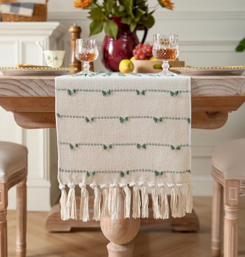 Caflife Boho Table Runner 48 Inchs Long for Modern Farmhouse Room Home Decor, Green and Beige Coffee Table Runner, Natural Cotton Woven with Tassels Neutral, for Kitchen Dining Table Decor - color: Green Beige, size: 13x48Inch