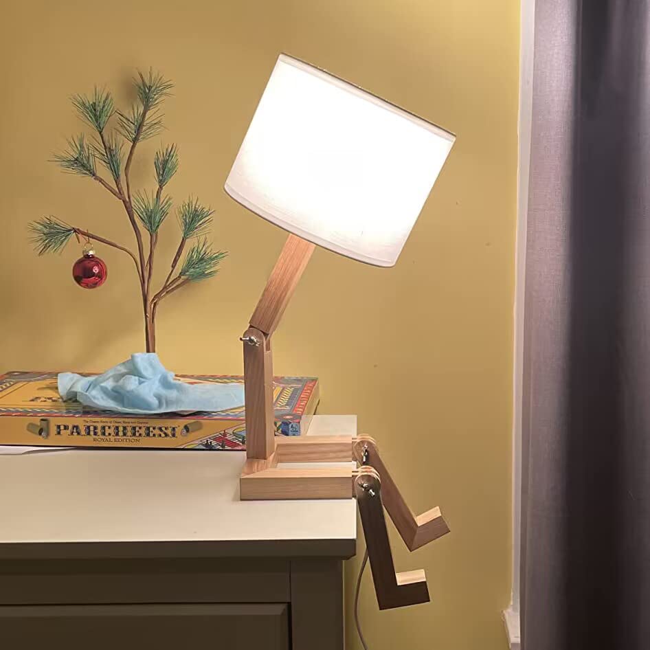 Robot Bedside Lamp, Fabric Lampshade Match Foldable Solid Wood Body, Creative E27 Screw Table Lamp for Bedroom Living Room - style: Modern