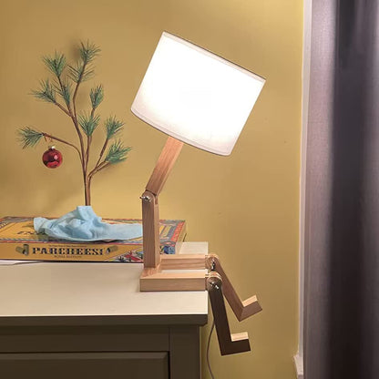 Robot Bedside Lamp, Fabric Lampshade Match Foldable Solid Wood Body, Creative E27 Screw Table Lamp for Bedroom Living Room - style: Modern