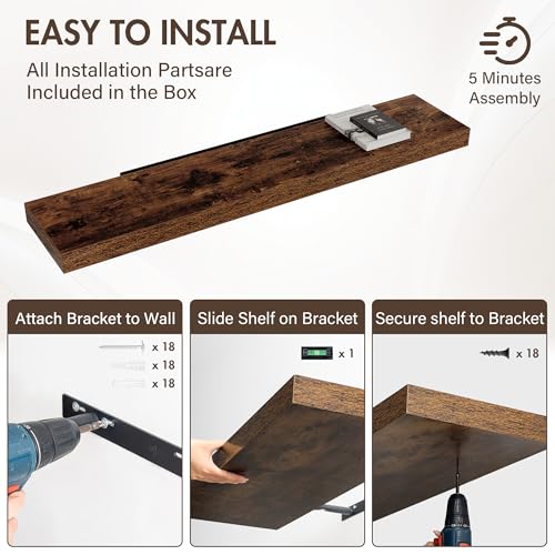 Acovy 55 Inch Floating Shelves, 12" Deep Floating Shelf Wall Mounted, 55" Wall Shelves, Rustic Deep Bookshelf, Extra Deeper & Thicker Display Shelves for Bedroom, Living Room, Set of 1 - color: Brown, size: 12"Wx55"L-1pc