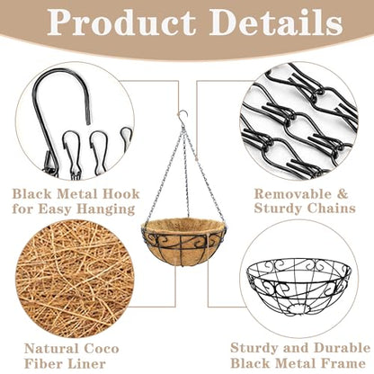 EIMQUVW Outdoor Metal Hanging Planters Basket (4pack, 14 inch) Hanging Baskets for Plants Chain Round Wire Plant Holder with Coco Fiber Liners for Garden, Patio, Deck, Porch(Flower Border) - size: 14 Inch