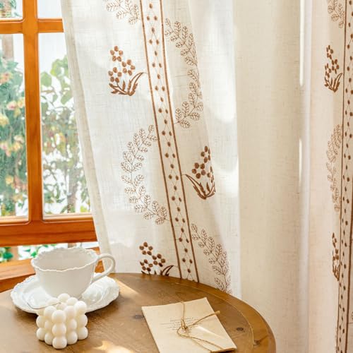 Beige linen blend brown embroidery FloralGrommet Curtains, 55“X95",2 Panels - color: Brown, size: 55"W x 95"L (Pack of 2)