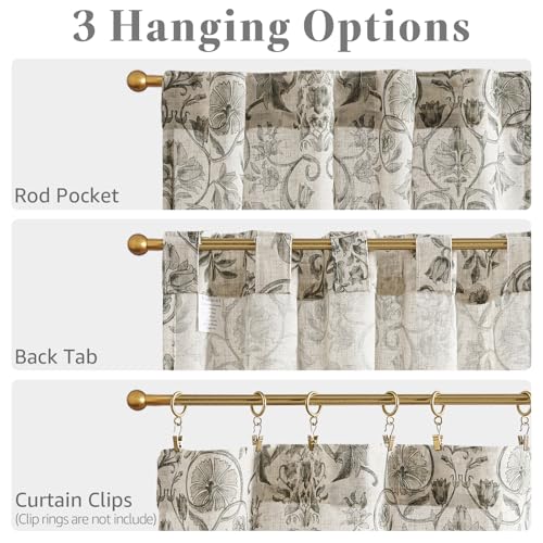 jinchan Linen Floral Kitchen Tier Curtains 30 Inch 2 Panels Grey on Beige - color: Classic | Grey on Beige, size: 26"W x 30"L (Pack of 2)