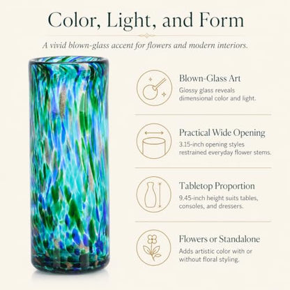 9.45in H Sea Glass Cylinder Vase Unique Hand Blown Glass Vase for Flower - color: Teal