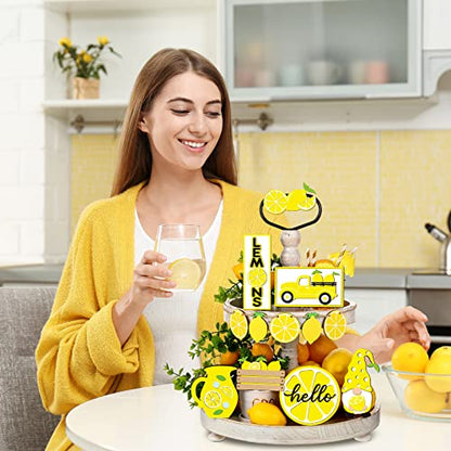 12 Pcs Lemon Tiered Tray Decor Set Gnome Fresh Lemonade Wooden Sign - style: Lemon