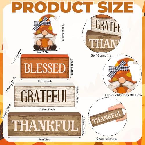Lineshading 4 Pcs Thanksgiving Table Decor, Blessed Gnome Wooden Block Sign - style: Blessed Gnome
